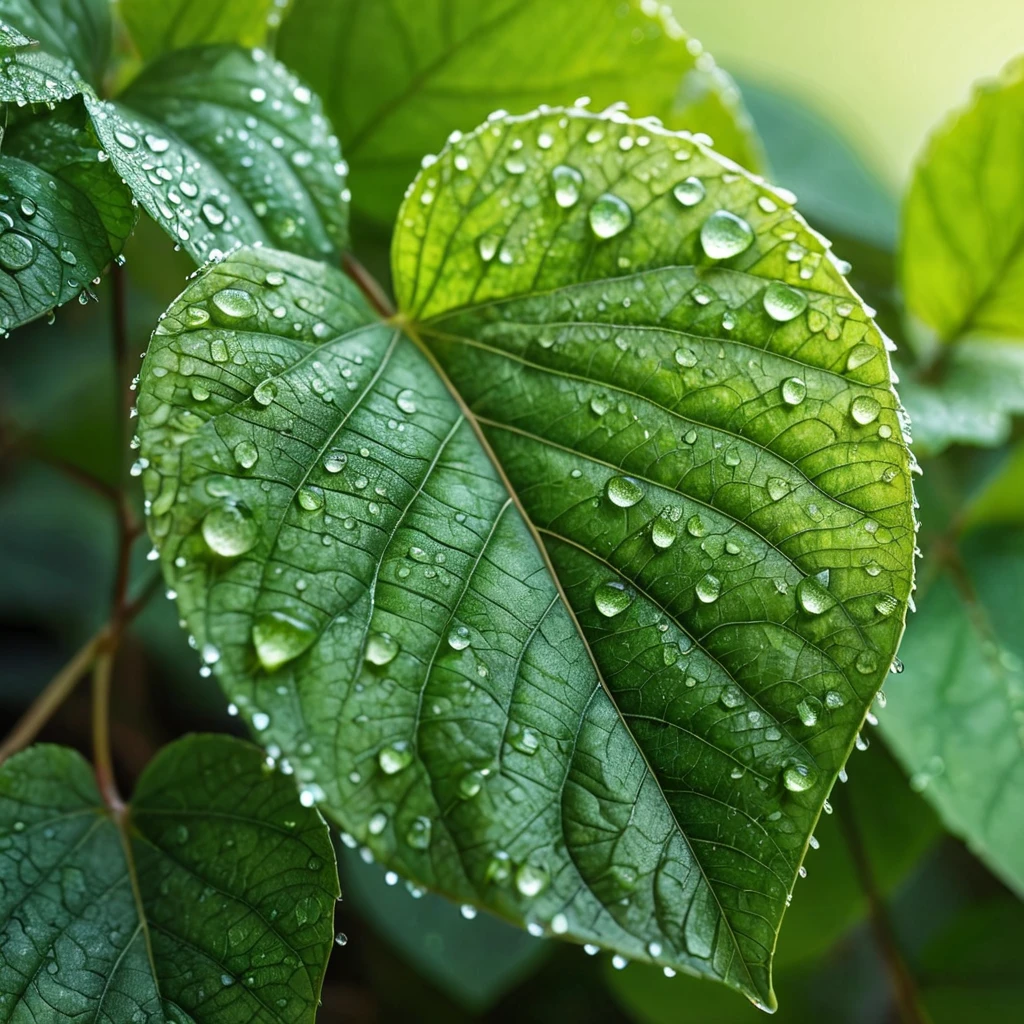 A close-up macro shot of Poison Ivy leaves, each leaf intricately detailed with a vibrant green hue and subtle veins, dew drops glistening on the surface under a soft morning light.