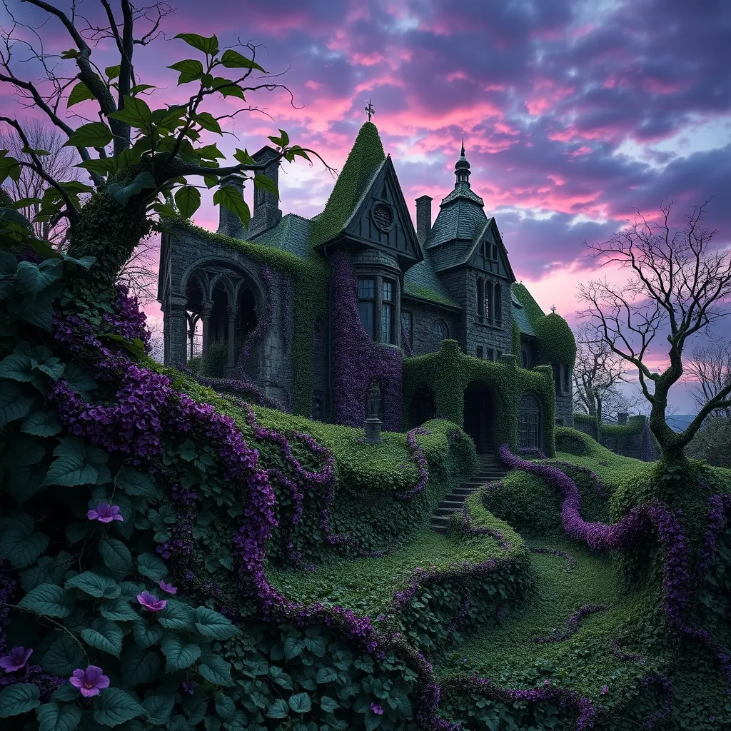 A surreal landscape where Poison Ivy vines twist and turn, creating a living tapestry against a backdrop of a crumbling Gothic mansion, the sky painted with hues of deep purple and blue.