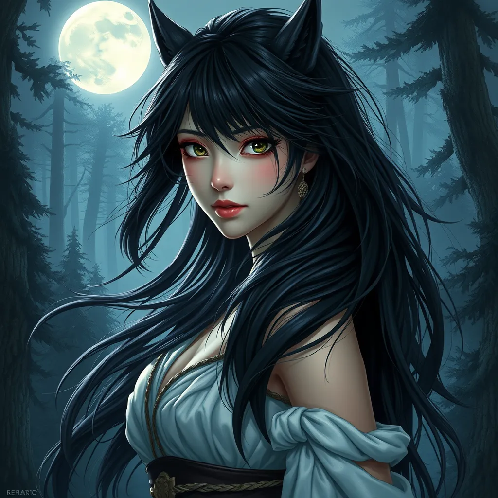 A stunning portrait of Princess Mononoke, with her wild, black hair flowing around her shoulders, set against a backdrop of dense, mystical forest, illuminated by moonlight.