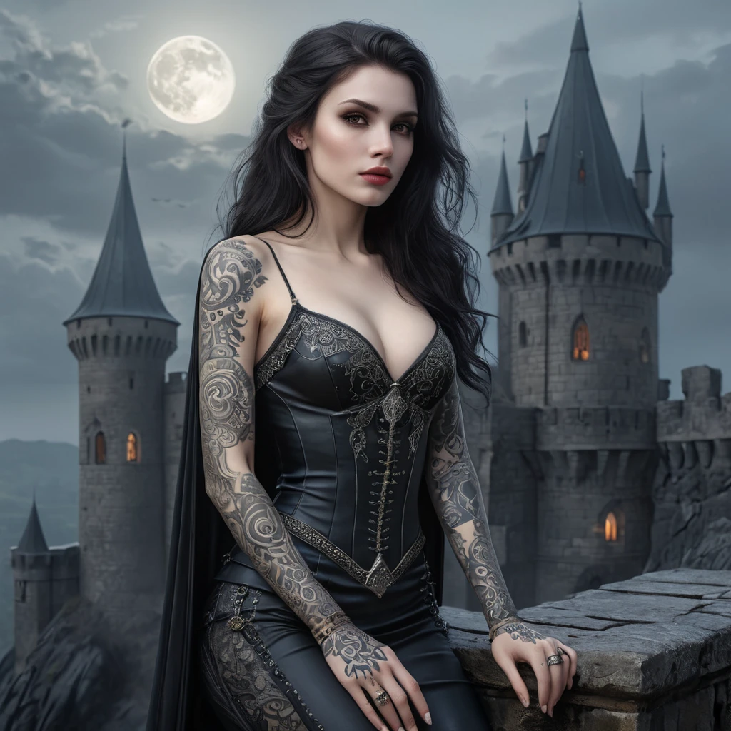 An ethereal female vampire, her skin pale as snow, adorned with intricate tattoos that shimmer in the moonlight, perched atop a crumbling castle turret, overlooking a misty, medieval landscape.