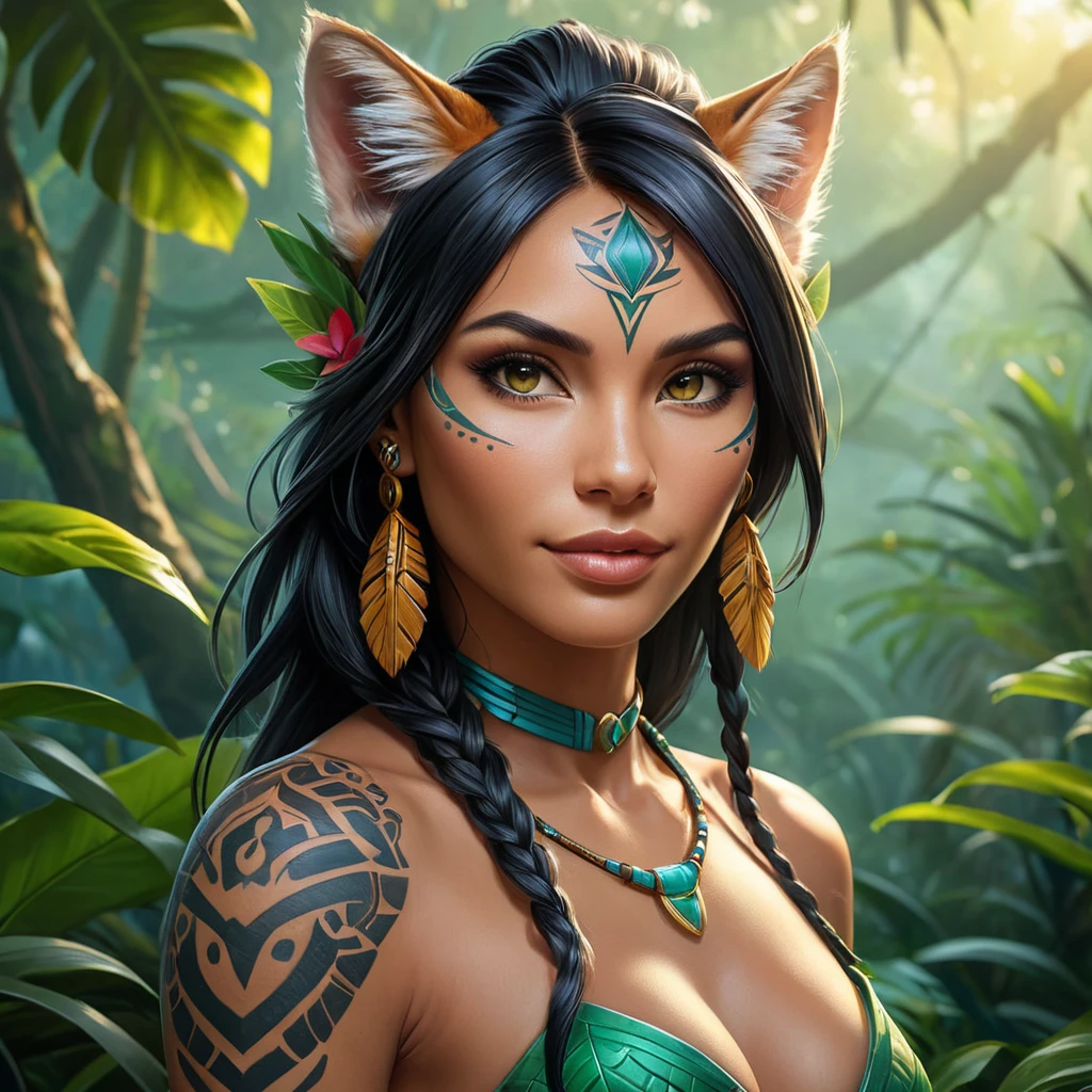 A stunning portrait of Nidalee from League of Legends, rendered in vibrant colors with intricate details of her tribal tattoos and the majestic jungle cat features, set against a backdrop of a lush, misty Amazon rainforest at dawn.