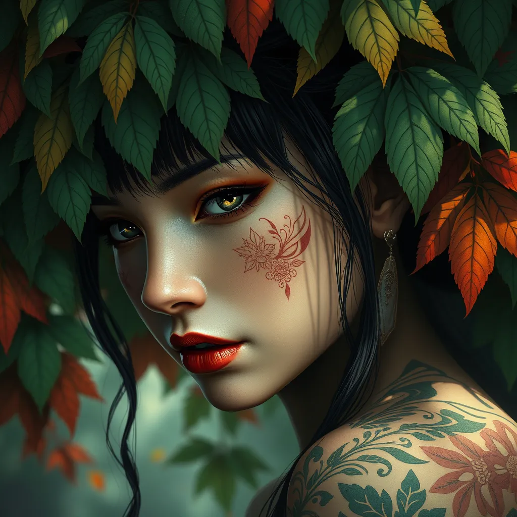 A close-up of Princess Mononoke's face, her features delicate yet strong, with intricate tattoos symbolizing her connection to nature, under a canopy of vibrant leaves.