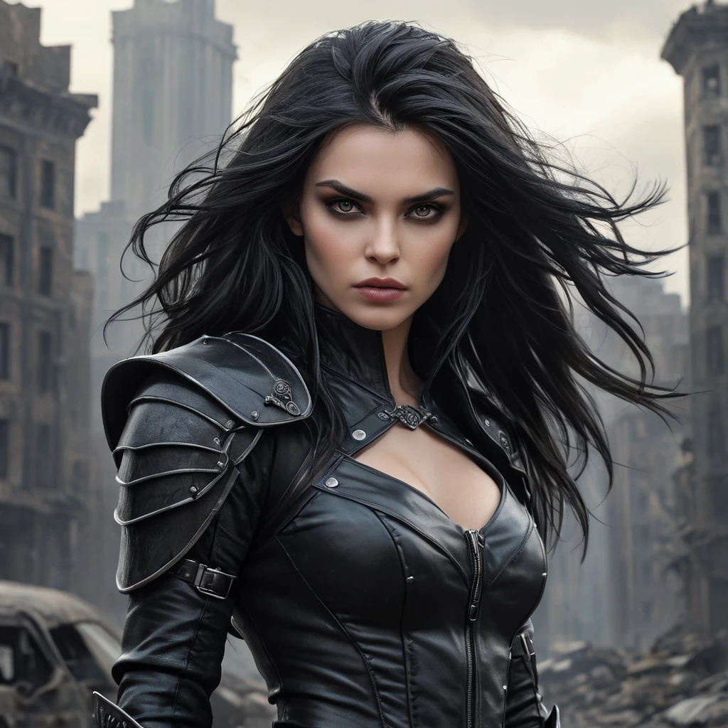 A fierce female vampire, clad in black leather armor, standing in a desolate, post-apocalyptic cityscape, her eyes piercing through the shadows, a gust of wind stirring her long, raven hair.