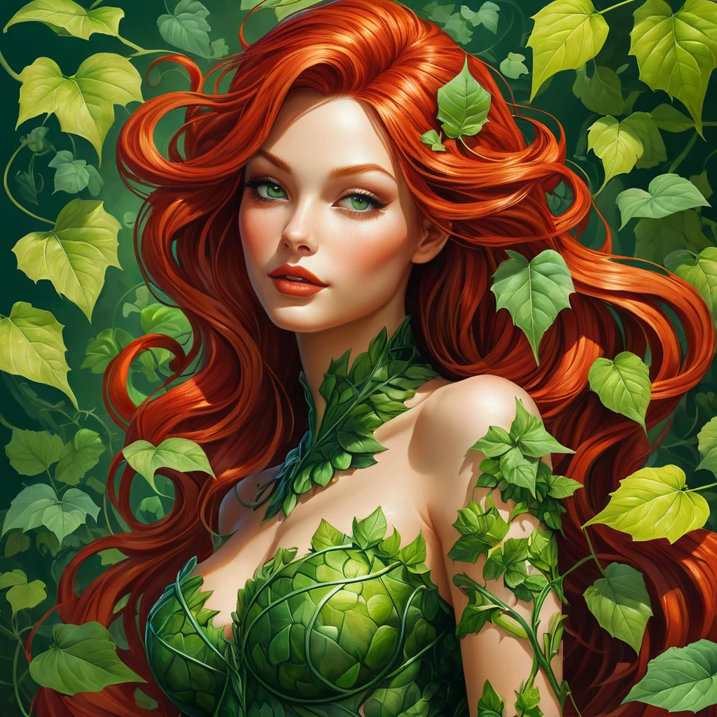 An abstract depiction of Poison Ivy, its leaves morphing into fluid shapes that intertwine and dance, colors shifting from deep green to fiery red as if alive with movement.