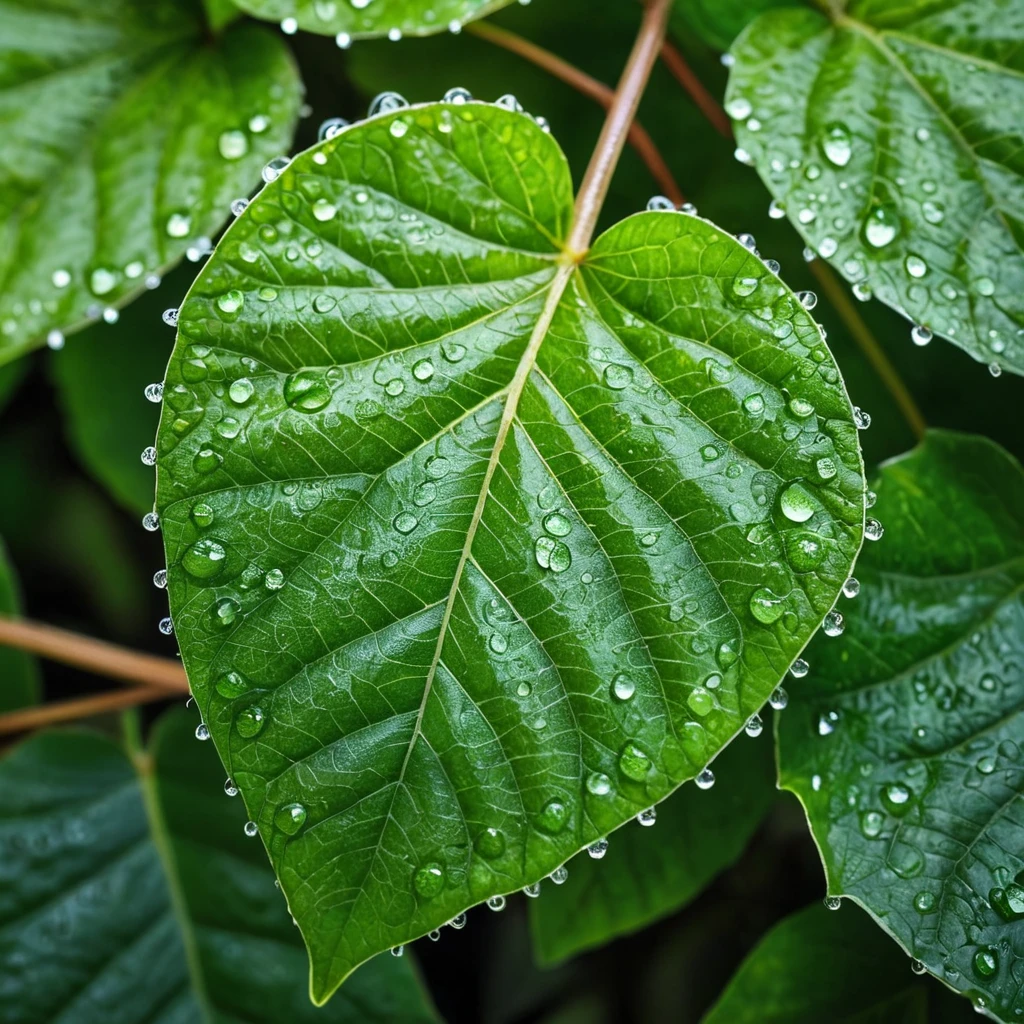 A close-up macro shot of Poison Ivy leaves, each leaf intricately detailed with a vibrant green hue and subtle veins, dew drops glistening on the surface under a soft morning light.