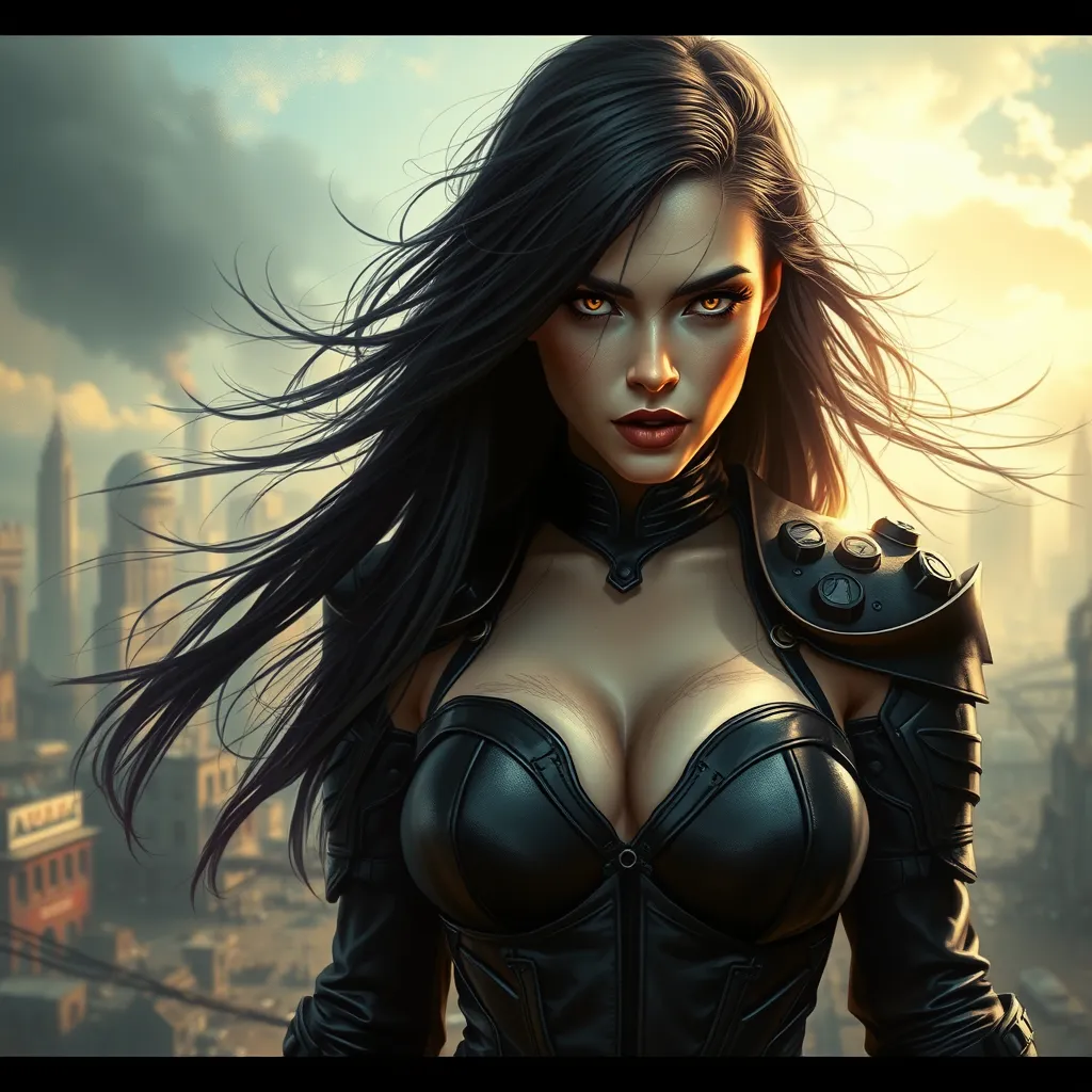 A fierce female vampire, clad in black leather armor, standing in a desolate, post-apocalyptic cityscape, her eyes piercing through the shadows, a gust of wind stirring her long, raven hair.