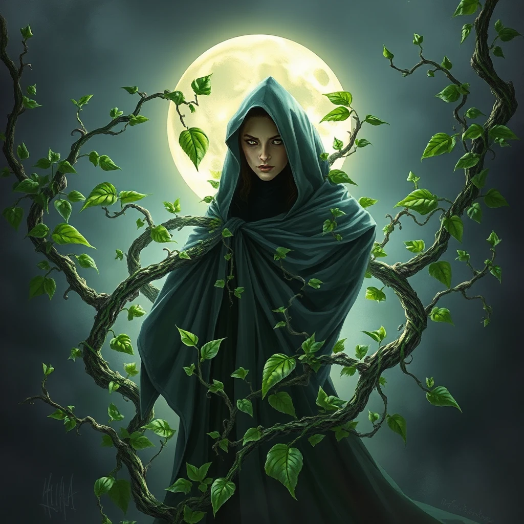 A digital illustration of Poison Ivy as a mythical creature, its vines forming a cloak around a mysterious figure, leaves shimmering with an otherworldly glow in the moonlight.