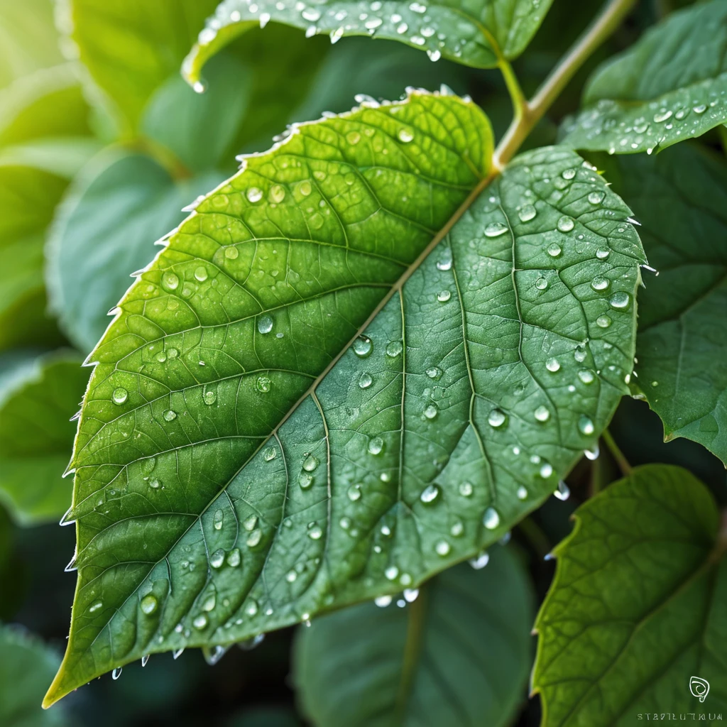 A close-up macro shot of Poison Ivy leaves, each leaf intricately detailed with a vibrant green hue and subtle veins, dew drops glistening on the surface under a soft morning light.