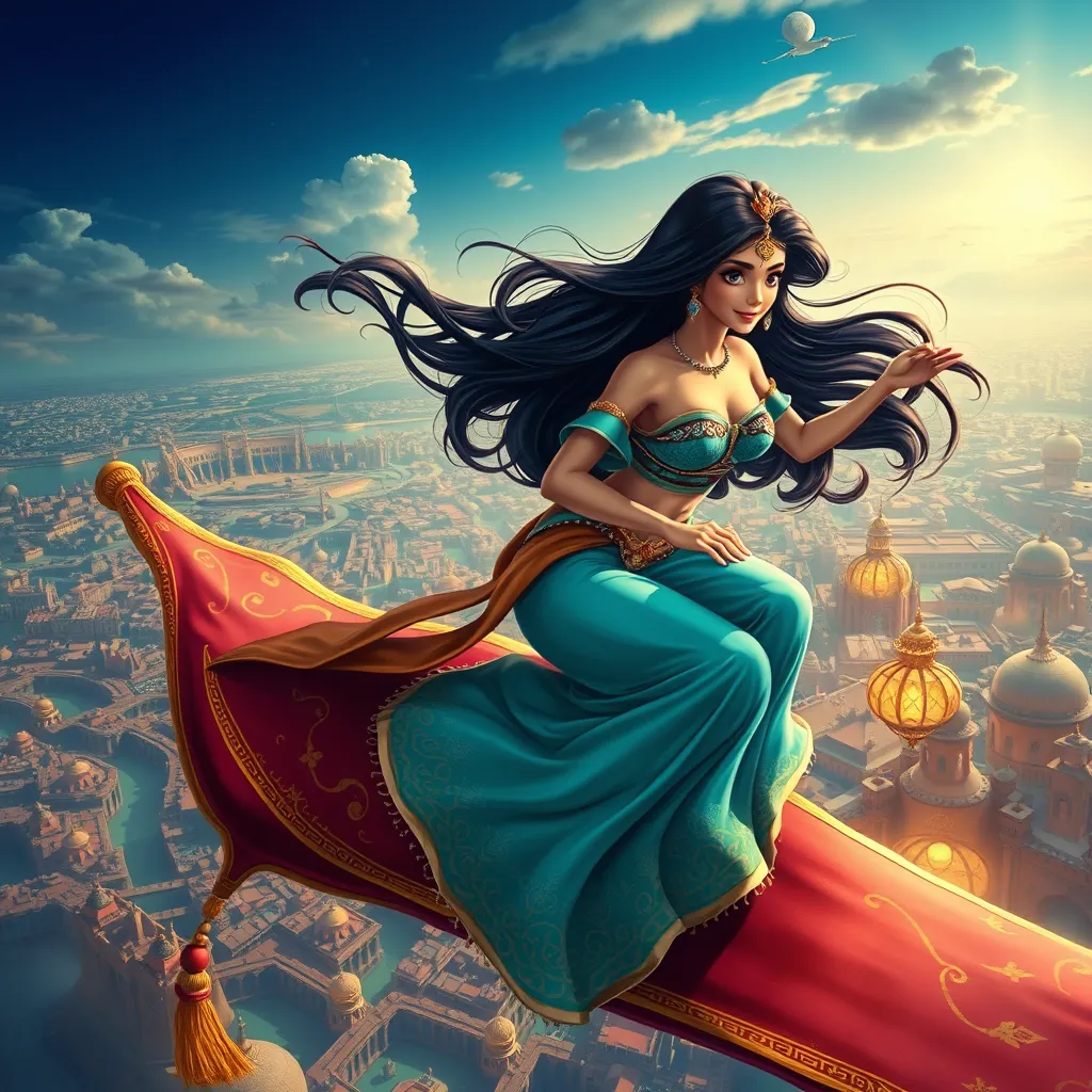 A vibrant scene of Princess Jasmine riding on a magic carpet, her hair flowing in the wind, with the bustling city of Agrabah spread out below her.