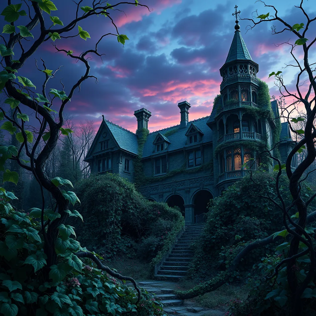 A surreal landscape where Poison Ivy vines twist and turn, creating a living tapestry against a backdrop of a crumbling Gothic mansion, the sky painted with hues of deep purple and blue.