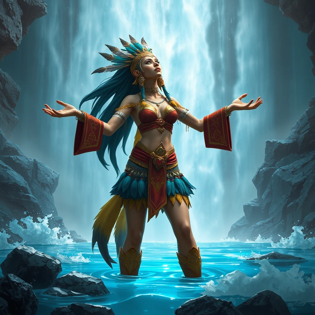 Render Nidalee in a ceremonial outfit, adorned with feathers, beads, and bones, standing before a roaring waterfall, her arms outstretched as if channeling the power of the elements, the water illuminated by a mystical, otherworldly light.