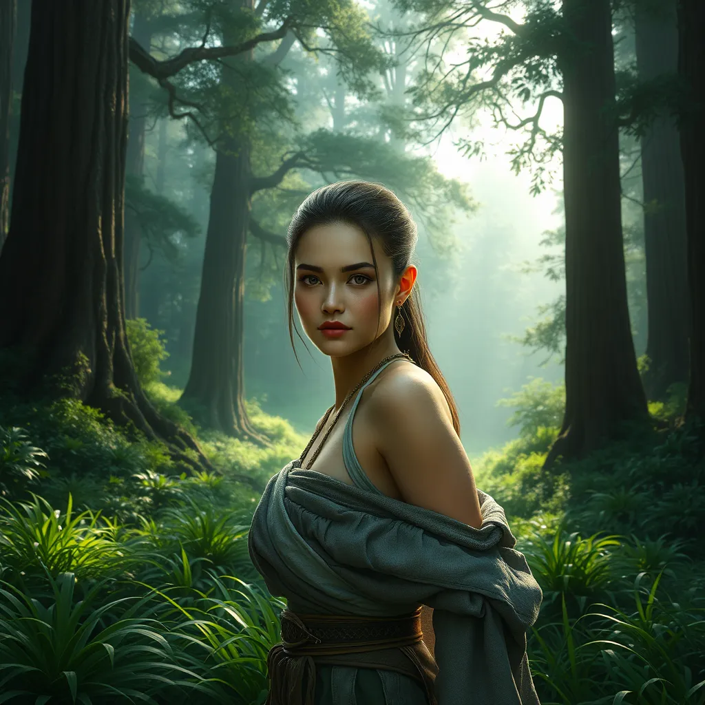 Aloy, in a lush, green valley, surrounded by towering, ancient trees, her face lit by the soft, diffused light of the forest, her pose relaxed yet ready, the environment serene and peaceful