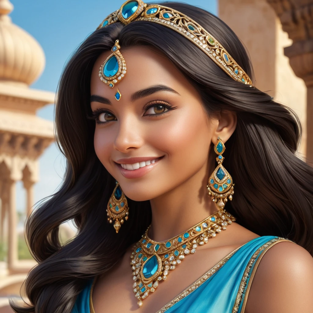 A close-up of Princess Jasmine's confident smile, adorned with intricate jewelry, her gaze directed towards the horizon, symbolizing her adventurous spirit.