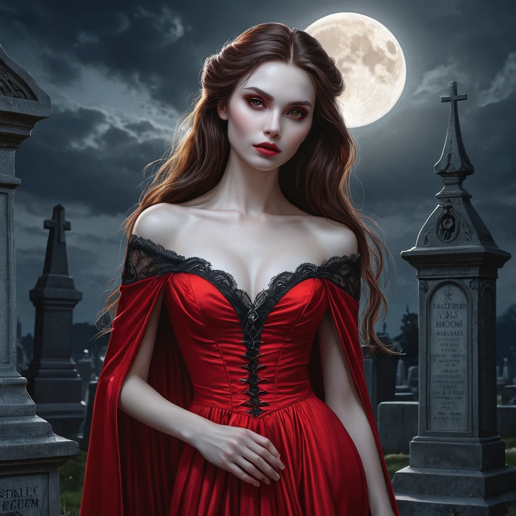 A stunning female vampire with alabaster skin, dressed in a flowing, blood-red gown, standing beneath a full moon in a gothic cemetery, her eyes glowing with an otherworldly light.