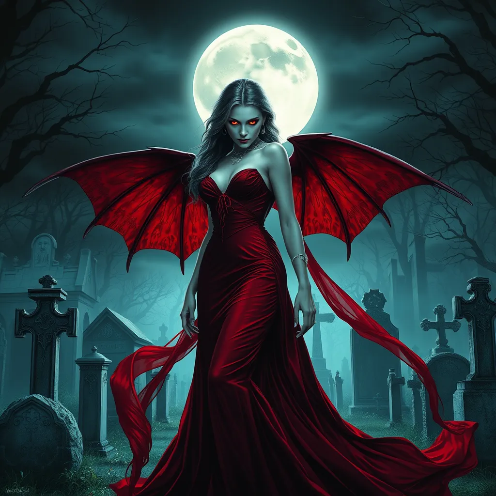 A stunning female vampire with alabaster skin, dressed in a flowing, blood-red gown, standing beneath a full moon in a gothic cemetery, her eyes glowing with an otherworldly light.