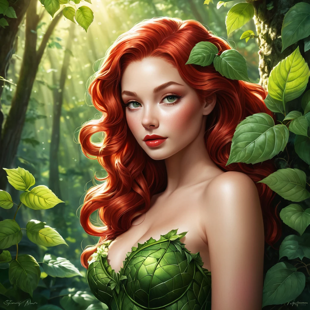 Poison Ivy in full bloom, its red berries standing out against a dense forest background, sunlight filtering through the leaves to create a dappled effect.