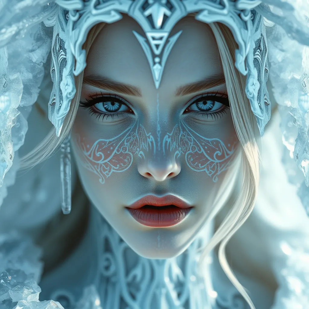 A close-up of a beautiful female ice sorceress, her skin pale as snow, adorned with intricate ice patterns that seem to move and breathe, her expression serene yet powerful, surrounded by a halo of floating ice crystals.