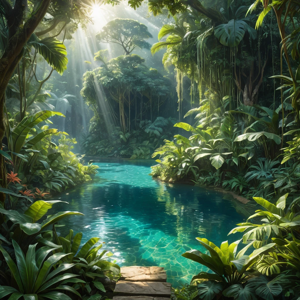 A lush, overgrown jungle clearing, where sunlight filters through dense foliage, illuminating a crystal-clear pool teeming with exotic wildlife.