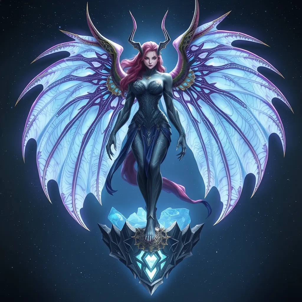 Sarah Kerrigan in a serene, almost angelic pose, her traditional Zerg features softened by a gentle, luminescent aura, standing atop a crystalline platform floating above a sea of stars, her wings spread wide, each feather detailed with the intricate patterns of Zerg symbology.