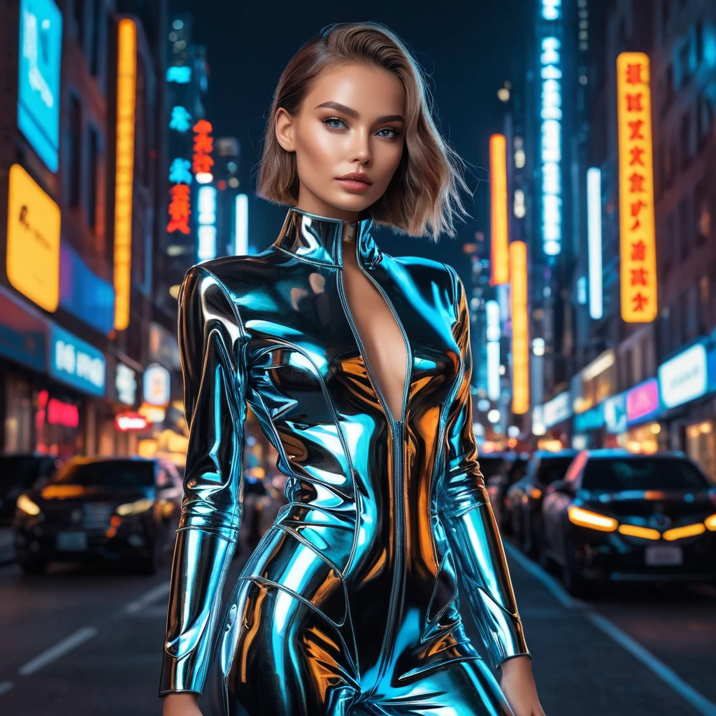 A mesmerizing model in a futuristic, metallic outfit, standing against a backdrop of a bustling city at night, neon lights reflecting off her glossy attire.