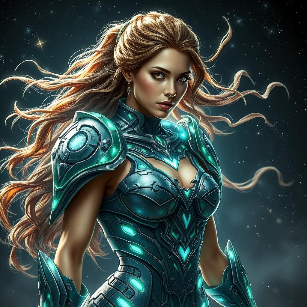 A portrait of Sarah Kerrigan as a powerful yet graceful warrior, her body adorned with intricate, biomechanical armor that pulsates with a soft, bioluminescent glow, her hair flowing like tendrils of smoke, captured in a moment of intense focus, with a backdrop of a star-filled galaxy.