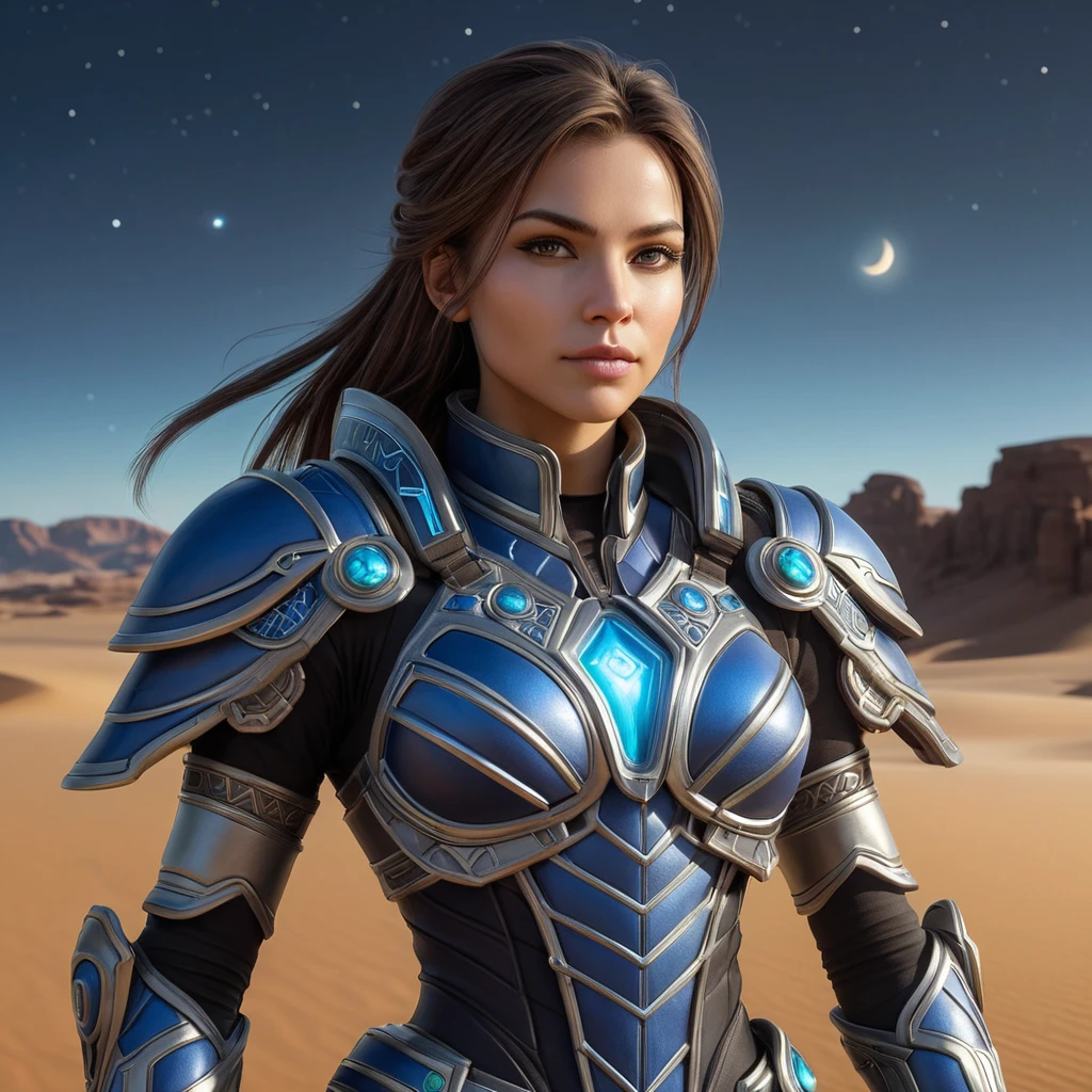 A captivating female rogue from StarCraft, standing at the edge of a vast, alien desert under a twilight sky, her armor adorned with intricate tribal patterns, a holographic map floating before her, her stance confident and ready for adventure.