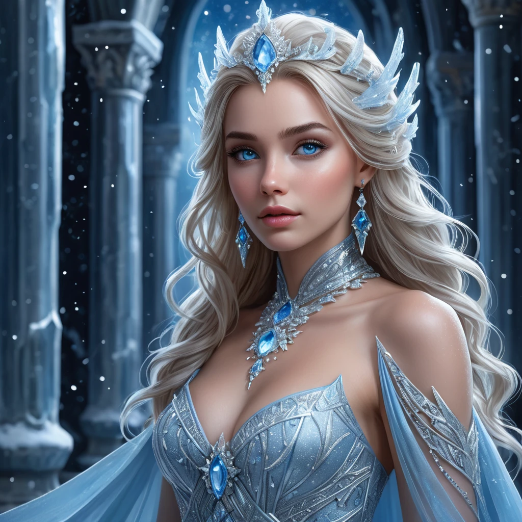 An ethereal portrait of a beautiful female ice sorceress, her eyes shimmering with a cold, blue light, wearing a gown made of frost and snowflakes, standing in a grand hall of ice pillars that reach towards a starry night sky.