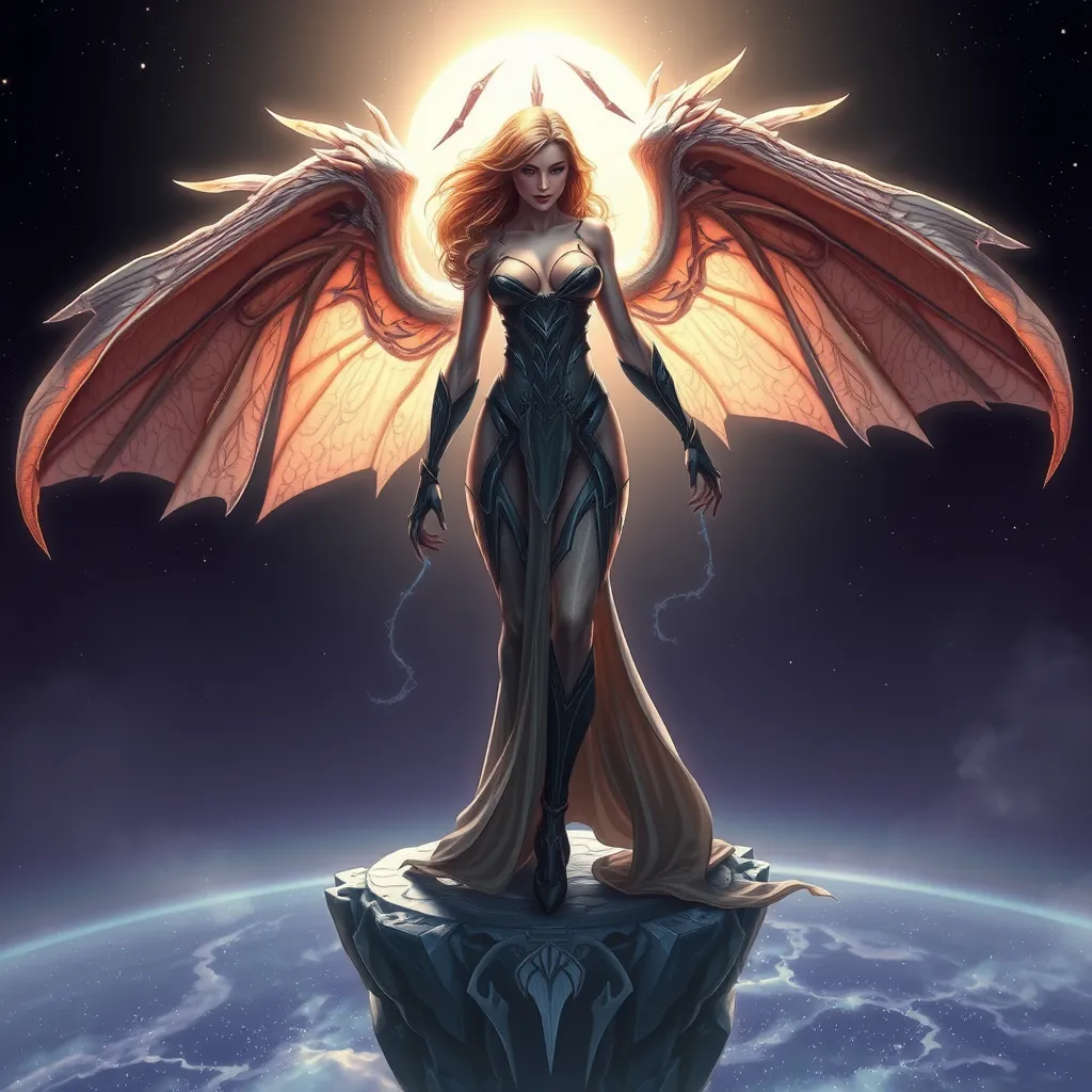 Sarah Kerrigan in a serene, almost angelic pose, her traditional Zerg features softened by a gentle, luminescent aura, standing atop a crystalline platform floating above a sea of stars, her wings spread wide, each feather detailed with the intricate patterns of Zerg symbology.