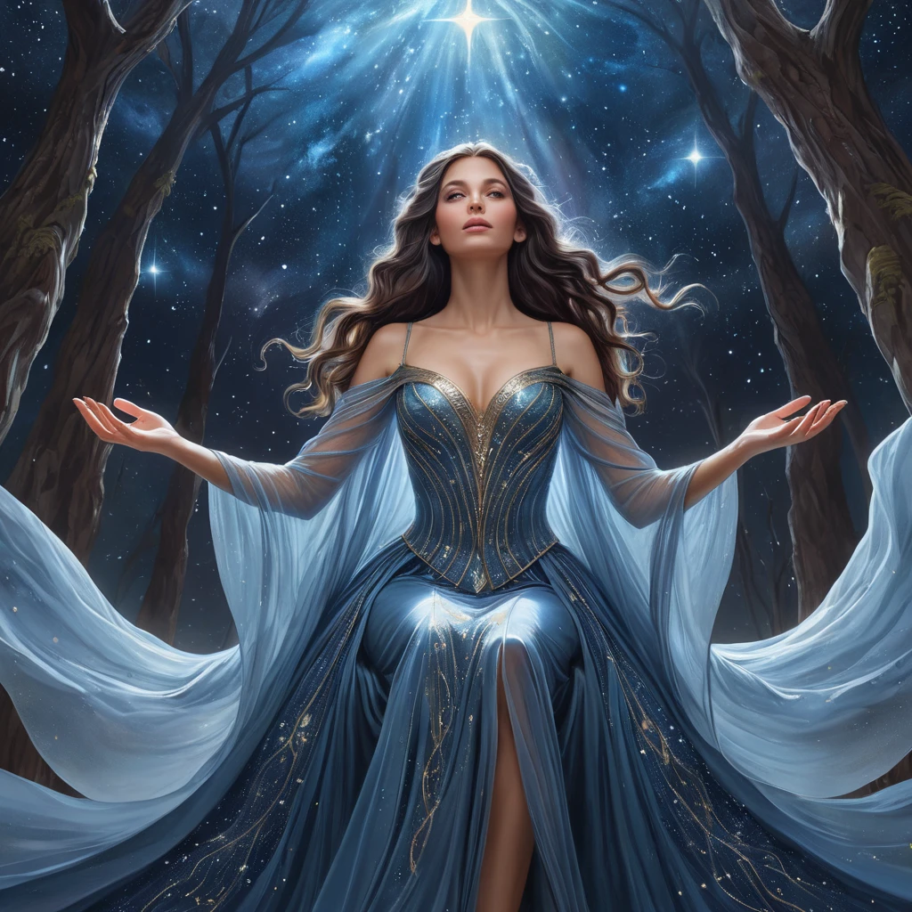 An ethereal female witch, dressed in a gown made of shimmering starlight, sits atop a craggy mountain peak under a canopy of swirling galaxies, her hands outstretched as if channeling the cosmic energies.