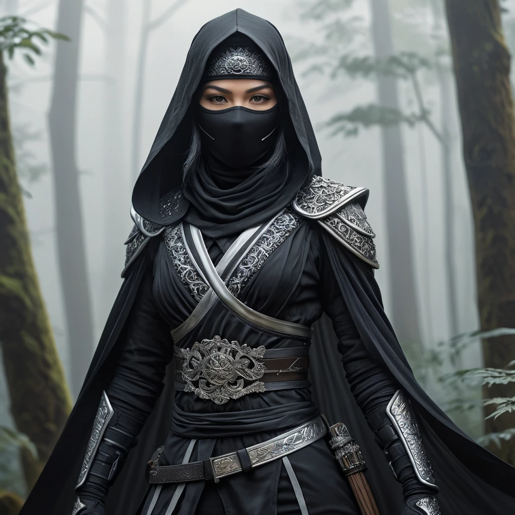 A captivating female ninja concealed within a mist-laden forest, her features partially obscured by a veil of fog, her attire a mix of stealthy dark fabrics and intricate silver detailing, the environment around her both haunting and enchanting