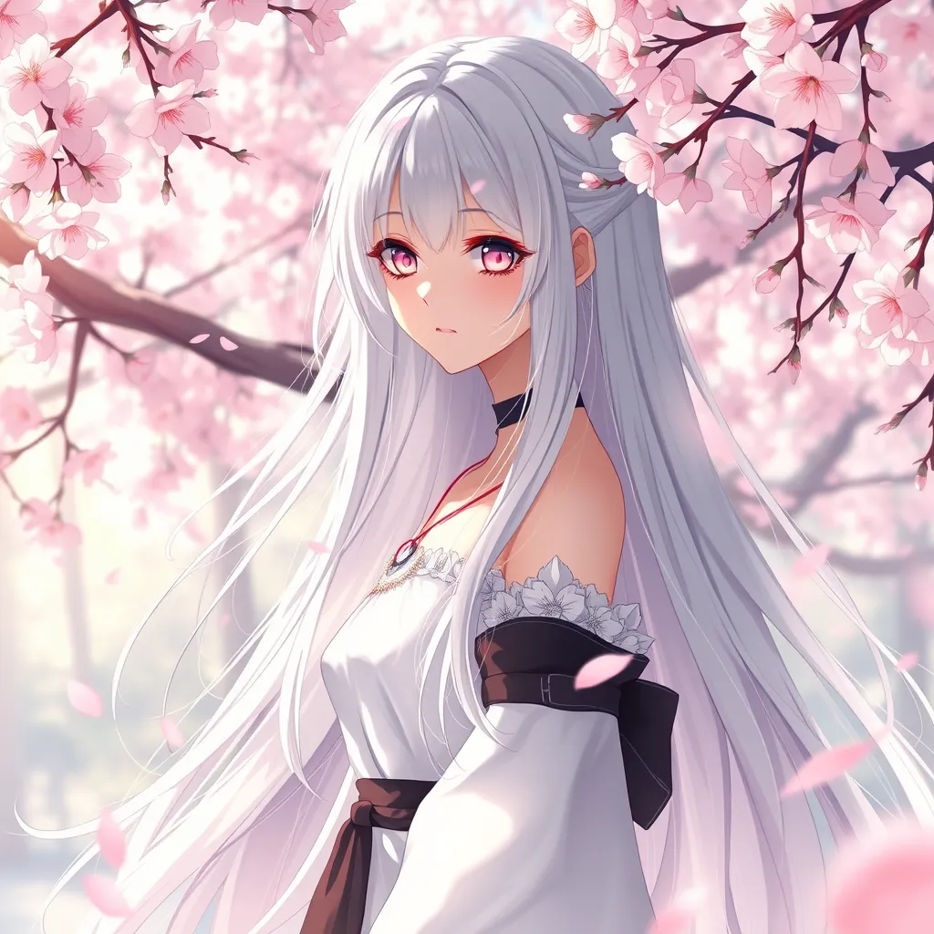 A serene anime character with long silver hair, standing amidst a cherry blossom forest, the petals swirling around her in a gentle breeze, her eyes reflecting the soft pink hues of the blossoms.