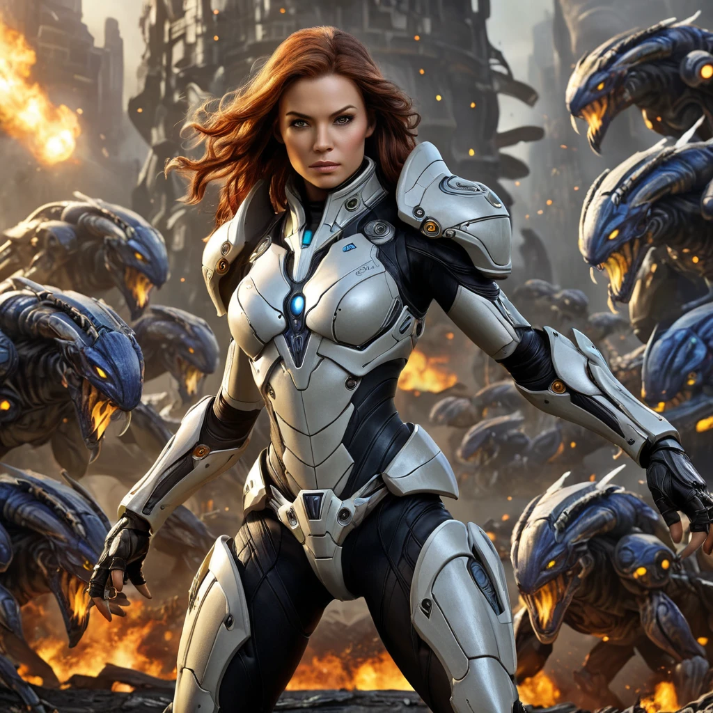 Sarah Kerrigan, the ruler of the Swarm, portrayed in a dynamic action shot, her body contorted in a battle stance, surrounded by a swarm of Zerglings, her armor detailed with the textures of chitinous plates and glowing veins, against a backdrop of a burning Terran colony.