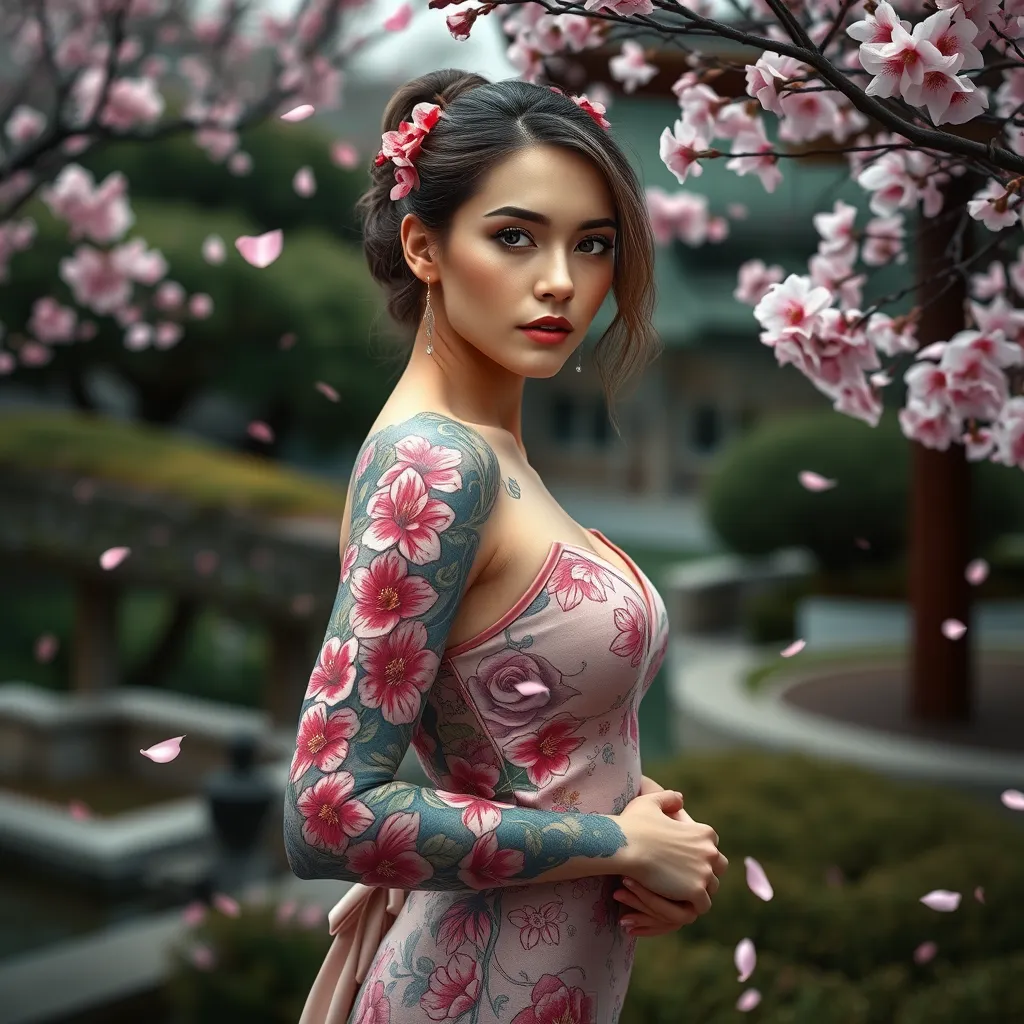 A beautiful tattooed woman with a full sleeve of vibrant cherry blossoms winding up her arm, standing against a backdrop of a serene Japanese garden, the petals gently falling around her.