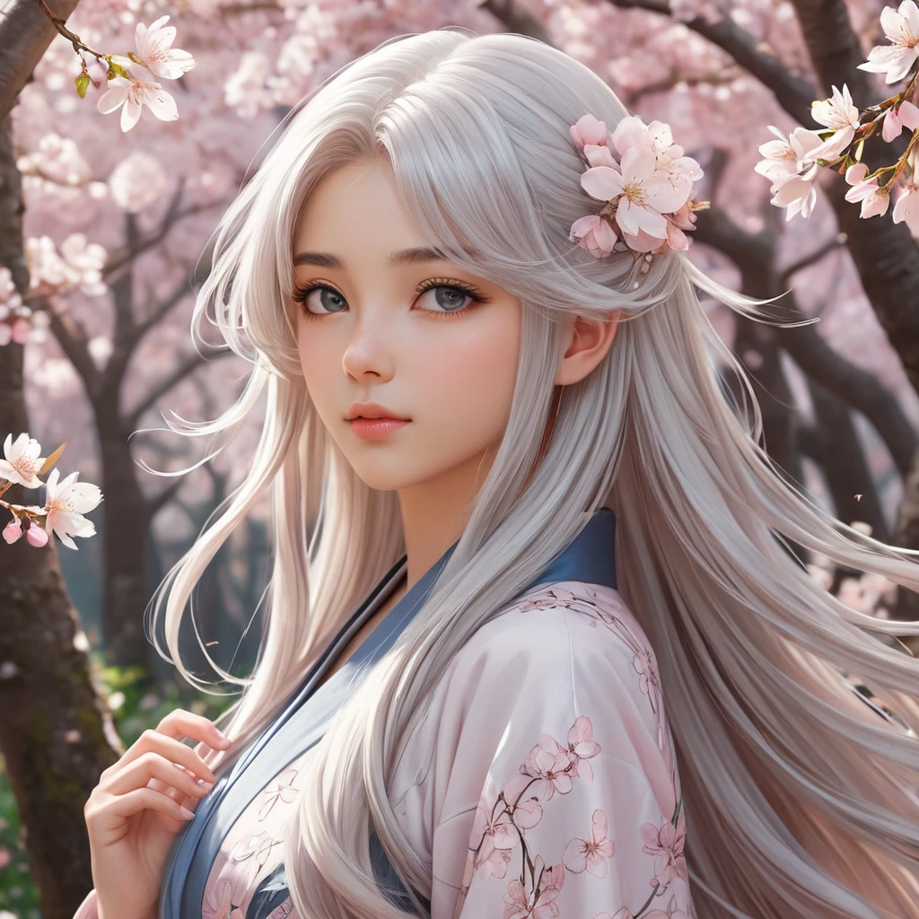 A serene anime character with long silver hair, standing amidst a cherry blossom forest, the petals swirling around her in a gentle breeze, her eyes reflecting the soft pink hues of the blossoms.