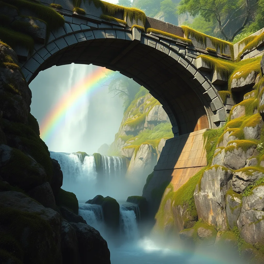 An ancient, moss-covered stone bridge arching over a cascading waterfall, with mist rising to meet a vibrant rainbow.