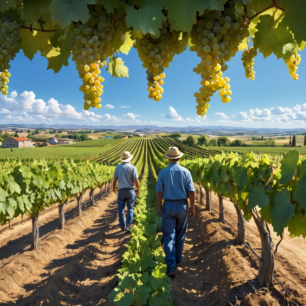 A sprawling, vibrant vineyard at harvest time, rows of grapevines stretching to the horizon under a clear, blue sky, with workers bustling among the vines.