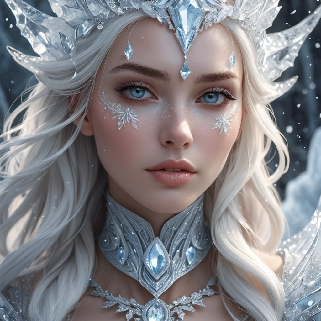 A close-up of a beautiful female ice sorceress, her skin pale as snow, adorned with intricate ice patterns that seem to move and breathe, her expression serene yet powerful, surrounded by a halo of floating ice crystals.