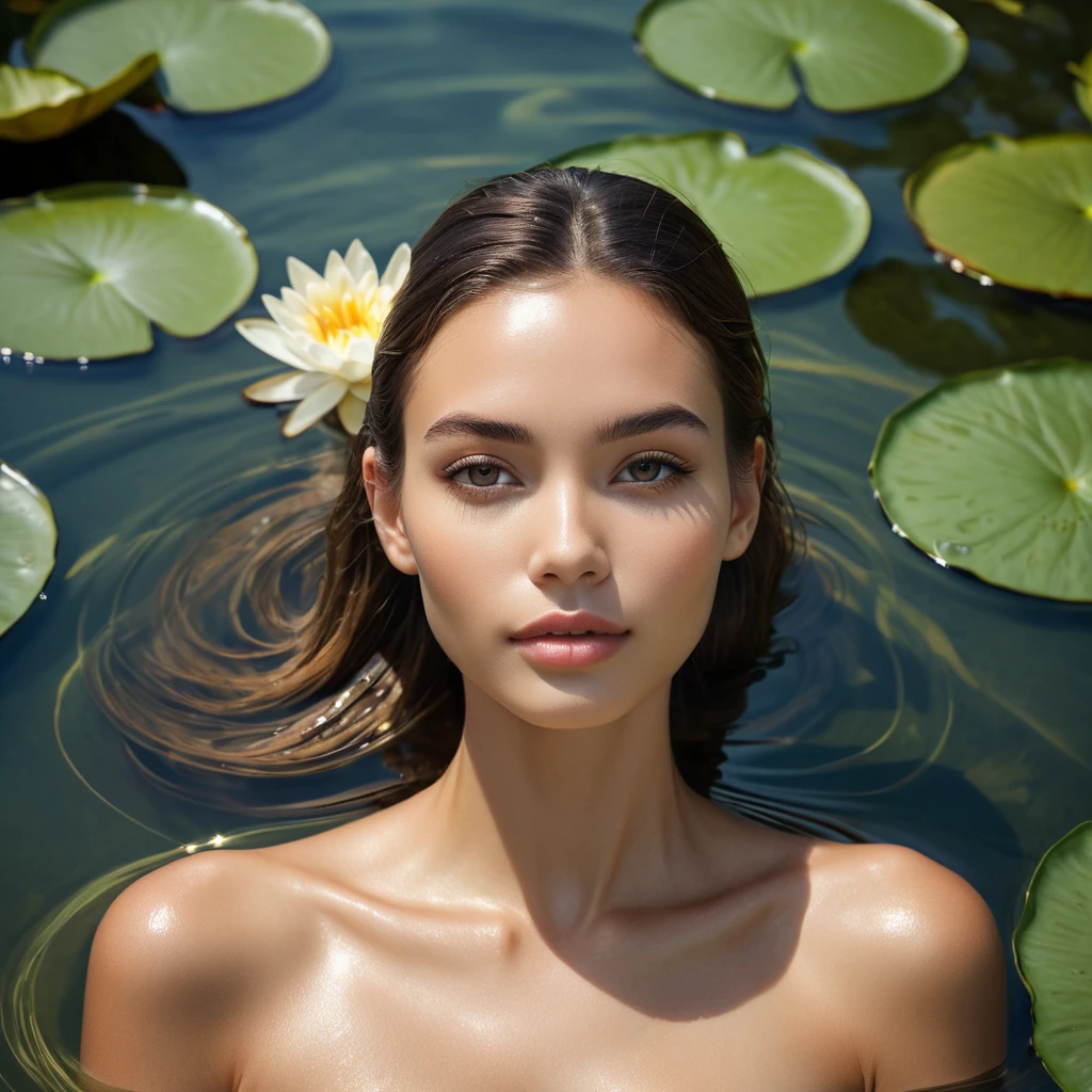 A gorgeous model with a serene expression, floating in a tranquil pool of water, surrounded by lily pads and soft, diffused sunlight creating a halo effect around her.