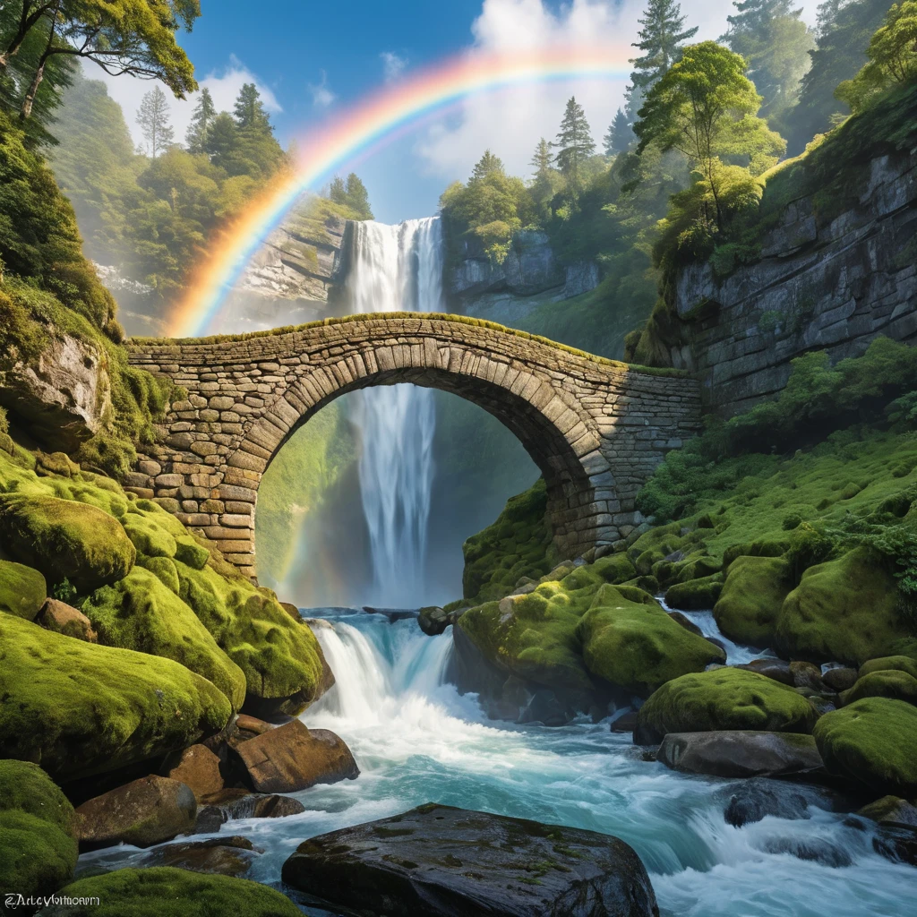 An ancient, moss-covered stone bridge arching over a cascading waterfall, with mist rising to meet a vibrant rainbow.