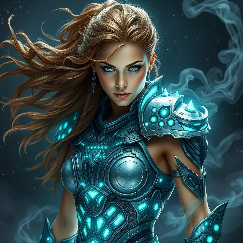 A portrait of Sarah Kerrigan as a powerful yet graceful warrior, her body adorned with intricate, biomechanical armor that pulsates with a soft, bioluminescent glow, her hair flowing like tendrils of smoke, captured in a moment of intense focus, with a backdrop of a star-filled galaxy.