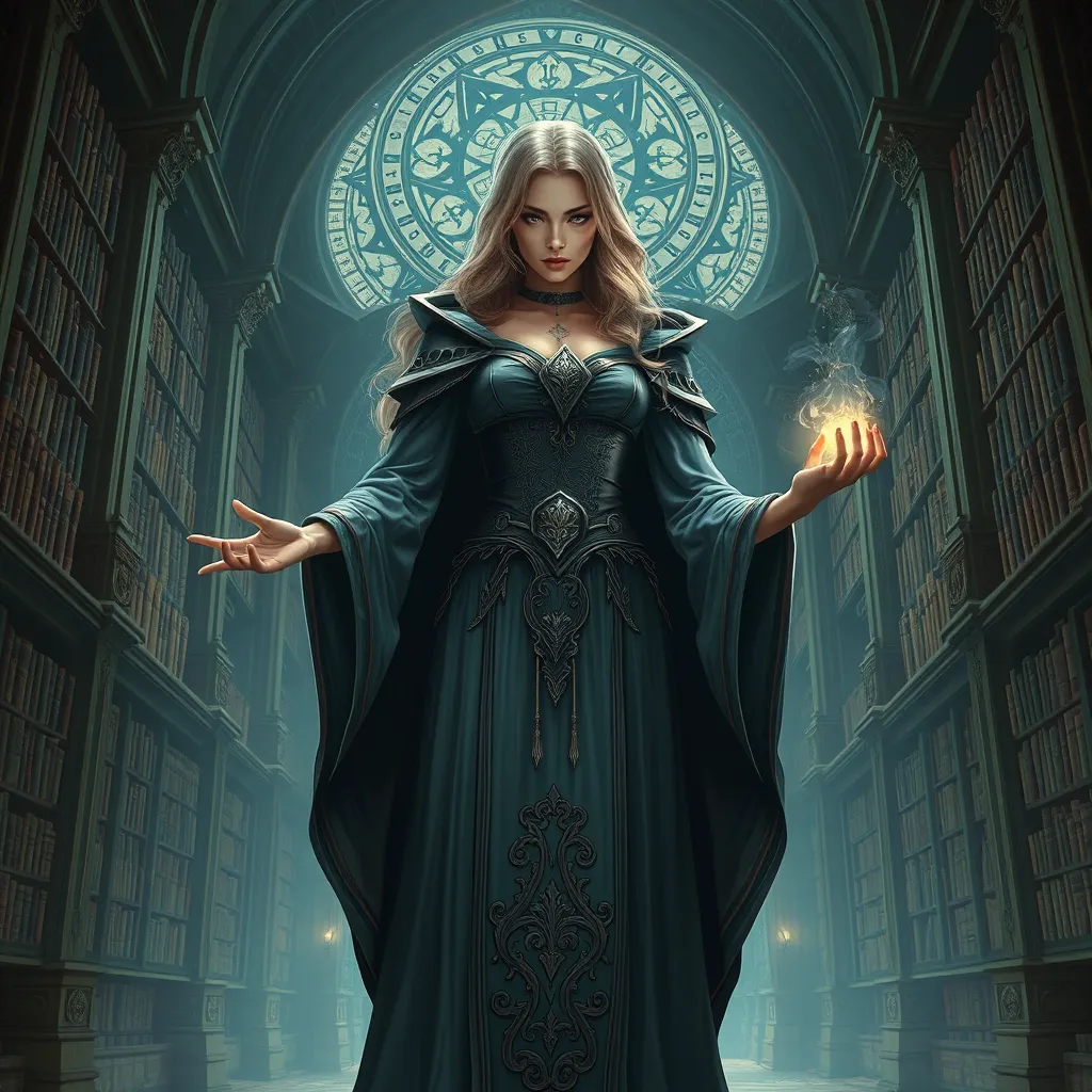 A powerful female sorceress standing before a grand, ancient library, her eyes scanning the endless rows of books, her hands glowing with arcane knowledge, the walls adorned with intricate runes and symbols.