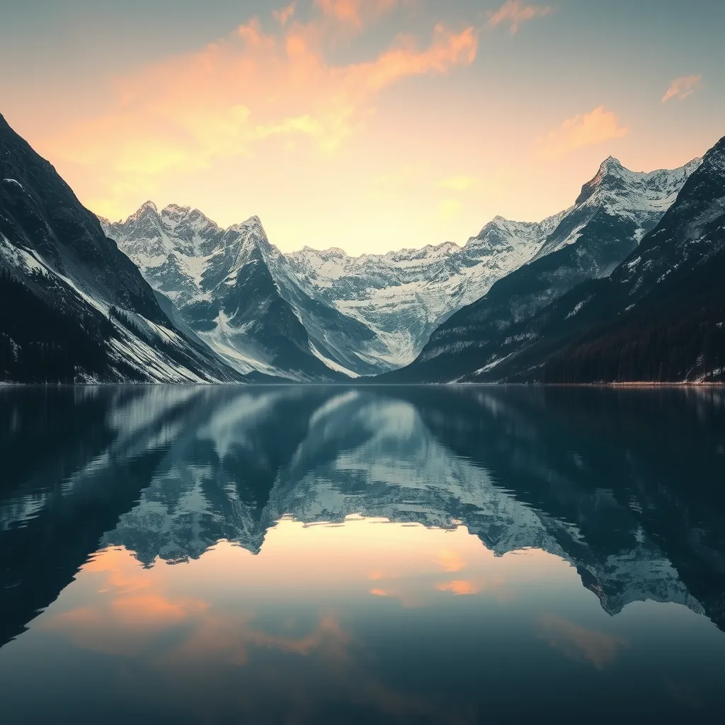 A serene mountain lake at dawn, surrounded by towering peaks dusted with snow, their reflections shimmering on the still water's surface.