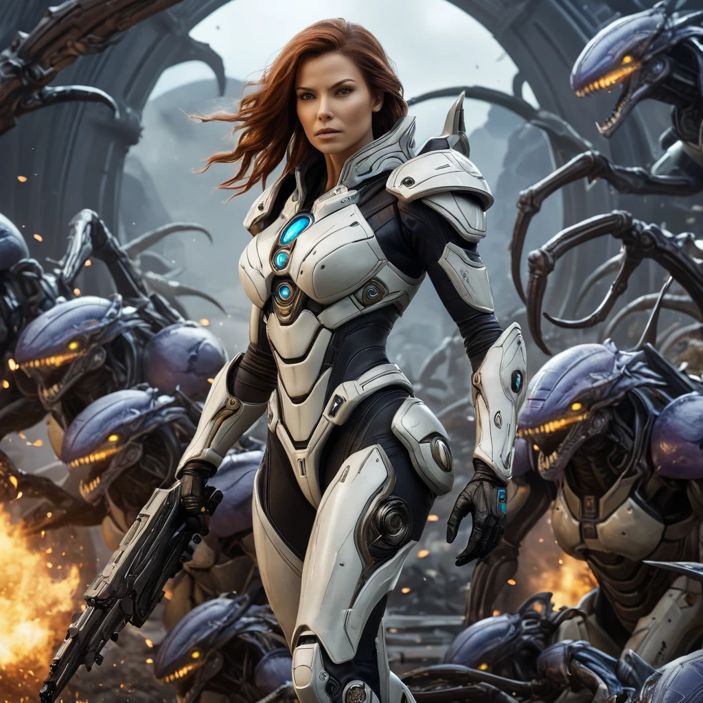 Sarah Kerrigan, the ruler of the Swarm, portrayed in a dynamic action shot, her body contorted in a battle stance, surrounded by a swarm of Zerglings, her armor detailed with the textures of chitinous plates and glowing veins, against a backdrop of a burning Terran colony.