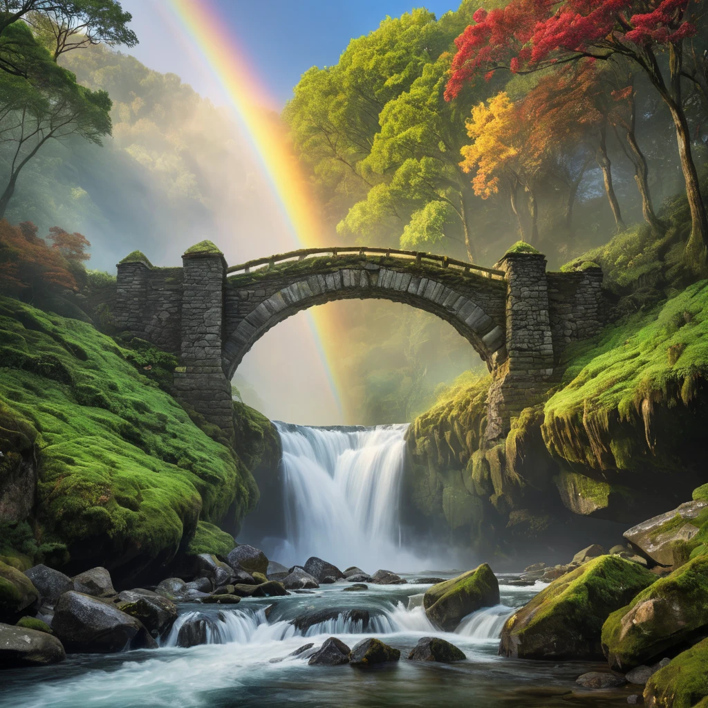 An ancient, moss-covered stone bridge arching over a cascading waterfall, with mist rising to meet a vibrant rainbow.