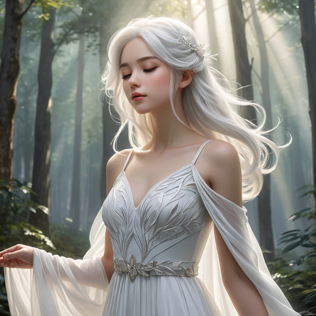 An ethereal anime character with flowing white hair, wearing a simple yet elegant gown, standing in a misty forest, the light filtering through the trees creating a halo around her, her eyes closed in peaceful meditation.