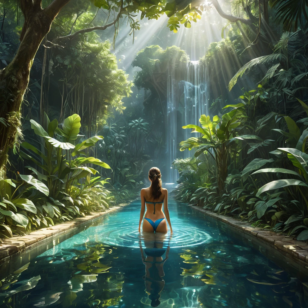 A lush, overgrown jungle clearing, where sunlight filters through dense foliage, illuminating a crystal-clear pool teeming with exotic wildlife.