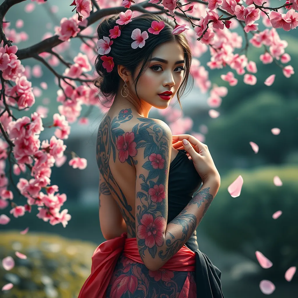 A beautiful tattooed woman with a full sleeve of vibrant cherry blossoms winding up her arm, standing against a backdrop of a serene Japanese garden, the petals gently falling around her.