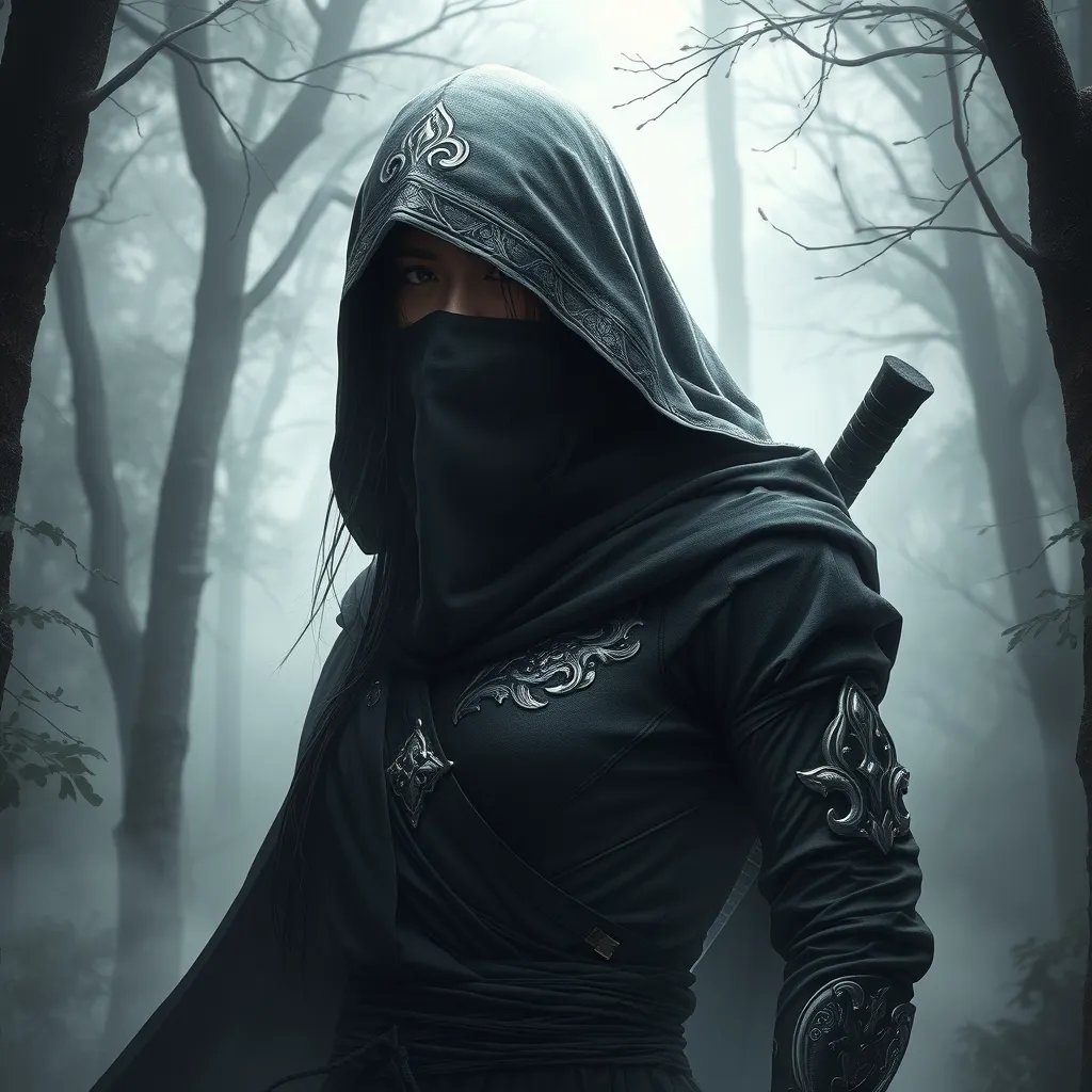 A captivating female ninja concealed within a mist-laden forest, her features partially obscured by a veil of fog, her attire a mix of stealthy dark fabrics and intricate silver detailing, the environment around her both haunting and enchanting