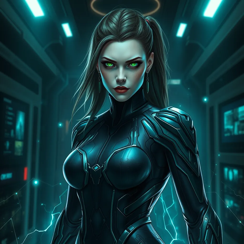 An artistic rendition of Sarah Kerrigan, the Ghost Queen, her form cloaked in a dark, form-fitting suit that contrasts with her pale skin, her eyes a piercing green, set in a dimly lit, atmospheric scene of a high-tech laboratory, with holographic data streams floating around her.