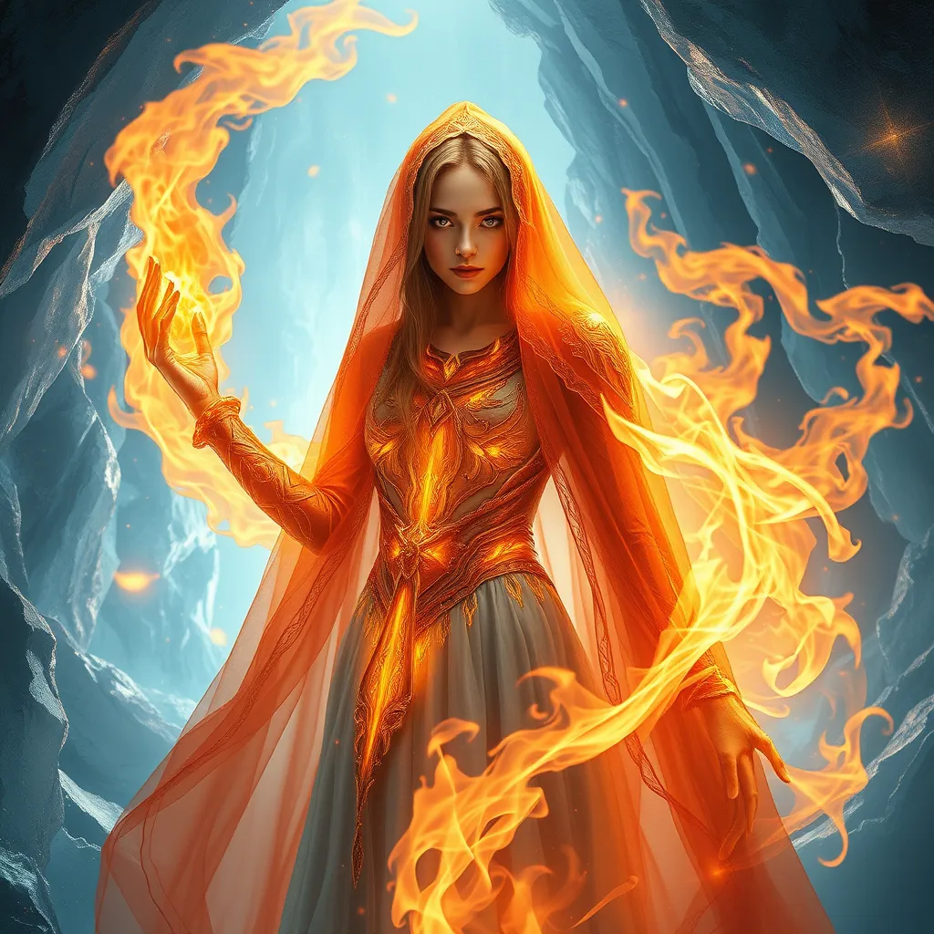 A mesmerizing female fire sorceress, cloaked in a veil of shimmering fire, standing within a cavern of crystal-clear ice, her presence causing the air to shimmer with heat, her eyes reflecting both fire and ice, a paradox of power.